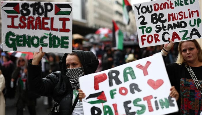 Waving Palestinian flags, participants called for an end to Israel’s blockade and air raids. — AFP