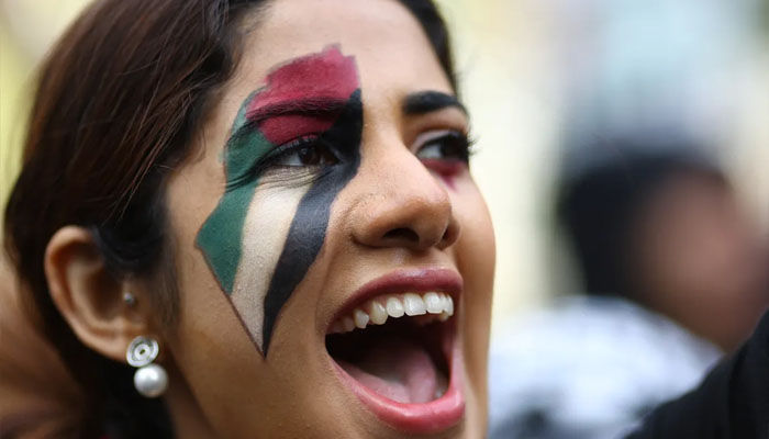 A woman yells at a protest in solidarity with Palestinians in Gaza. — Reuters