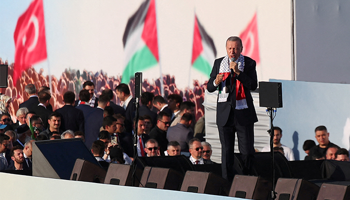 Turkish President Tayyip Erdogan speaks during a rally in solidarity with Palestinians in Gaza, amid the ongoing conflict between Israel and the Palestinian Islamist group Hamas, in Istanbul, Turkey October 28, 2023. — AFP