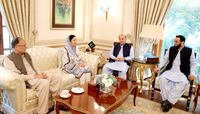 (From left to right) PML-N senior leader Ahsan Iqbal, former PTI lawmaker Wajiha Qamar, ex-PM Shehbaz Sharif and Attaullah Tarar. — X/@pmln_org
