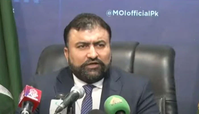 Caretaker Interior Minister Sarfraz Bugti is addressing a press conference in Islamabad, in this still taken from a video, on October 26, 2023. — YouTube/GeoNews