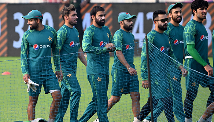 Pakistans captain Babar Azam (left) attends a practice session at the Eden Gardens in Kolkata on October 30, 2023, on the eve of their 2023 ICC Mens Cricket World Cup one-day international (ODI) match against Bangladesh. — AFP