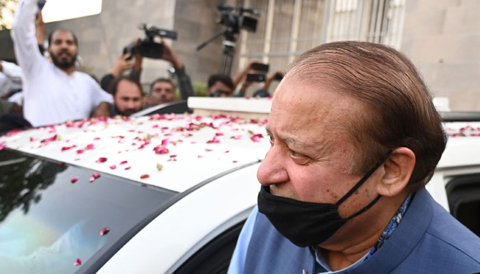 Former prime minister and graft convict Nawaz Sharif leaves after appearing before the Islamabad High Court on October 24, 2023. — AFP