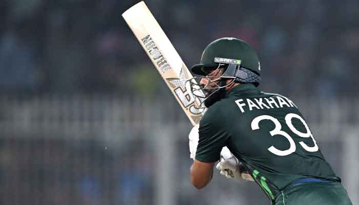 Fakhar Zaman watches the ball after playing a shot during the 2023 ICC Men´s Cricket World Cup one-day international (ODI) match between Pakistan and Bangladesh at the Eden Gardens in Kolkata on October 31, 2023. —AFP