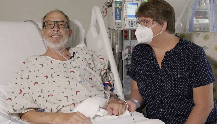 In this photo provided by the University of Maryland School of Medicine, Lawrence Faucette sits with wife, Ann, in the schools hospital in Baltimore, Md., in September 2023, before receiving a pig heart transplant.— University of Maryland School of Medicine