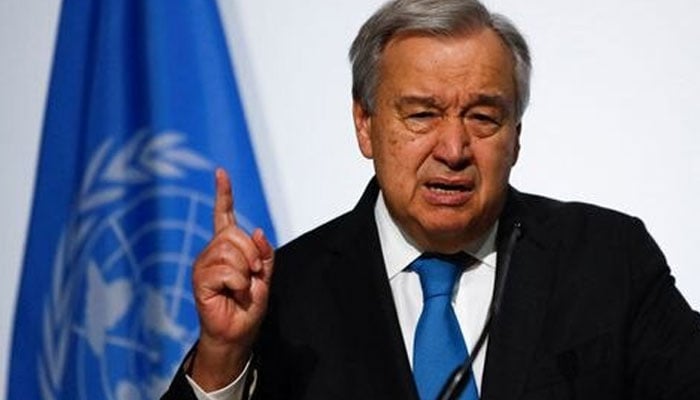 UN Secretary-General Antonio Guterres gestures while speaking during the opening of the 2022 UN Ocean Conference in Lisbon, Portugal, on June 27, 2022.—Reuters