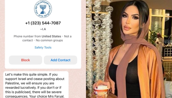 Faryal Makhdoom received a threatening text from an Israeli organisation after sharing posts in support of Palestine. — X/@FaryalxMakhdoom, Instagram/@faryalmakhdoom
