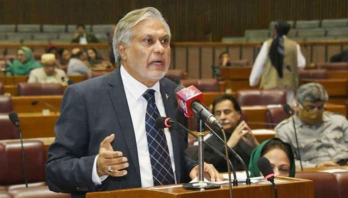 Former finance minister Ishaq Dar speaks in the National Assembly in Islamabad on February 20, 2023. — Twitter/NAofPakistan