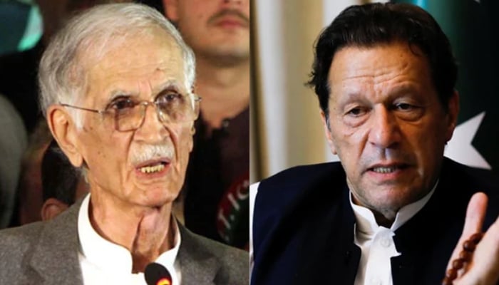 PTI chairman Imran Khan (right) and PTI-P chief Pervez Khattak. — PPI/Reuters/File