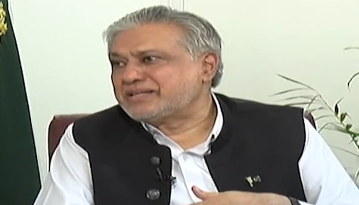 PML-N leader Ishaq Dar is speaking during the interview with Jirga host Saleem Safi, in this still taken from a video on November 6, 2023. — GeoNews