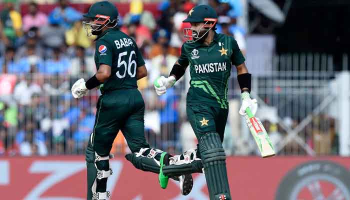 Pakistani batters Mohammad Rizwan and Babar Azam make a run during a match against South Africa played at Chidambaram Stadium, Chennai, India on October 27, 2023. —Reuters