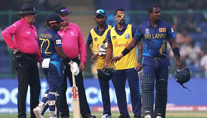 Cricket - ICC Cricket World Cup 2023 - Bangladesh v Sri Lanka - Arun Jaitley Stadium, New Delhi, India - November 6, 2023 Sri Lankas Angelo Mathews reacts after losing his wicket due to time out. — Reuters