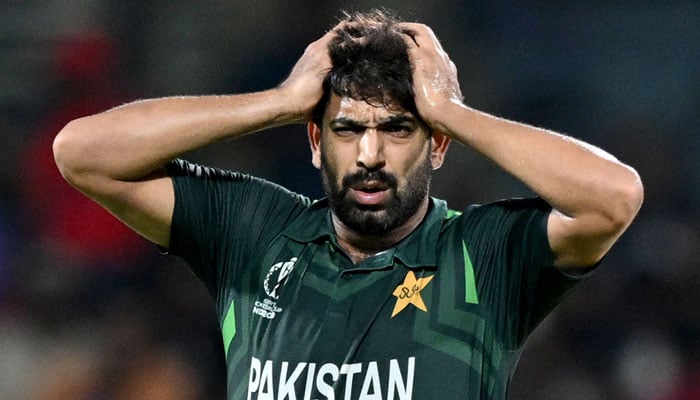 Pakistan´s Haris Rauf reacts during the World Cup 2023 match between Pakistan and South Africa at the M A Chidambaram Stadium in Chennai on October 27, 2023. — AFP