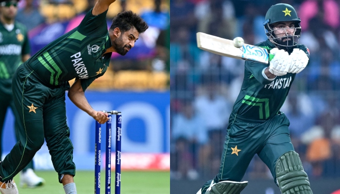 Pakistans Haris Rauf and Shadab Khan seen in action during separate World Cup 2023 matches in India in this picture collage. — AFP/File