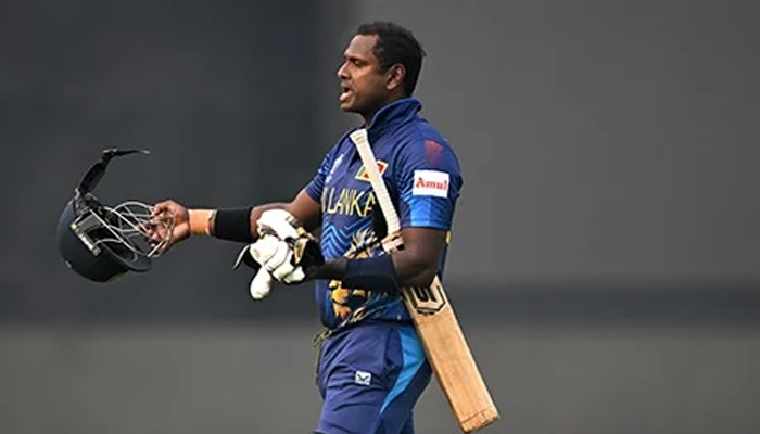 Sri Lankan batter Angelo Mathews in World Cup match with Bangladesh on November 6, 2023. — AFP