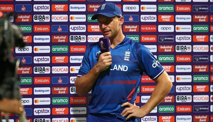 Englands Jos Buttler speaks to the media after England vs South Africa match in Wankhede Stadium, Mumbai, India, October 21, 2023. — Reuters