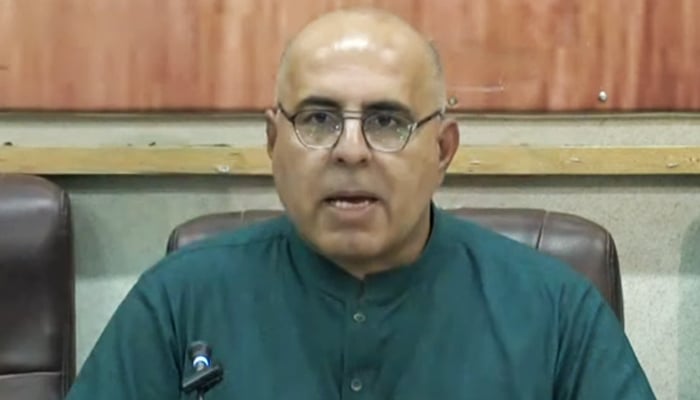 Balochistans Caretaker Minister for Information Jan Achakzai addressing press conference in Karachi on November 9, 2023, in this still taken from a video. — YouTube