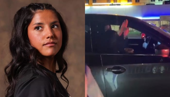 This combination of images shows a Stefany Ferrer Van Ginkel and the screengrab of the video where she is seen flashing Nazi salute at pro-Israel rally. — LA Times, X/@StopAntisemites