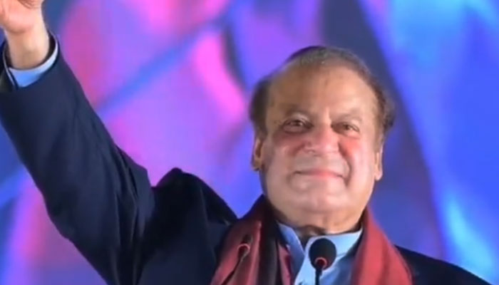 PML-N supremo Nawaz Sharif addresses a rally in this still taken from a video on October 22, 2023. — X/ @pmln_org