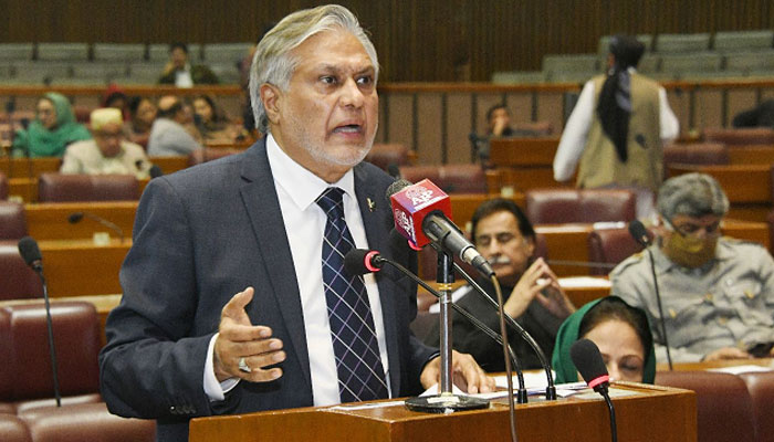 Leader of the House in the Senate Ishaq Dar speaking on the floor of the National Assembly. —X/NAofPakistan