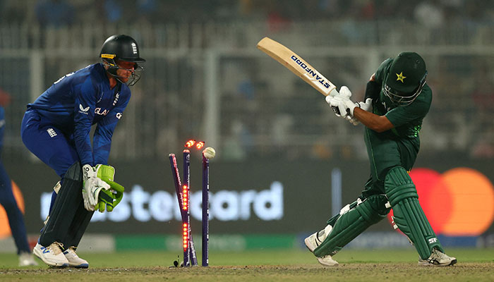 Pakistans Saud Shakeel is bowled out by Englands Adil Rashid during the England vs Pakistan Cricket World Cup 2023 match at Kolkatas Edens Gardens on November 11, 2023. — Reuters