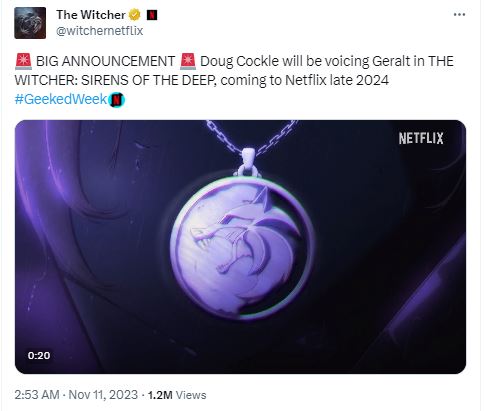 Henry Cavil out, Doug Cockle in The Witchers anime movie