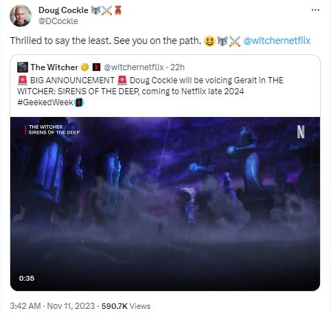 Henry Cavil out, Doug Cockle in The Witchers anime movie