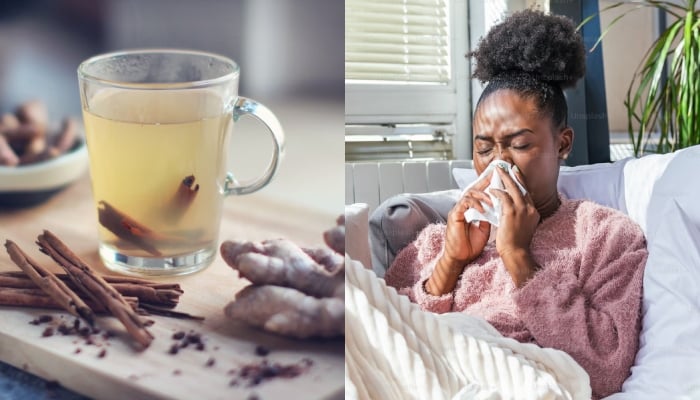 This combination of images shows a cup of herbal tea and a representational image of a person experiencing the flu.  — Unsplash/Archives