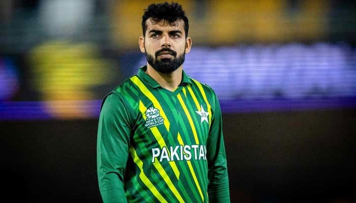 Pakistan vice-captain Shadab Khan looks on during the ICC Men's Twenty20 Cricket World Cup 2022 warm-up match between Pakistan and England at the Gabba in Brisbane on October 17, 2022. — AFP/File