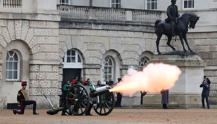 A formal gun salute fires as part of a National Service of Remembrance, in Whitehall, Westminster, London Britain November 12, 2023. —Reuters