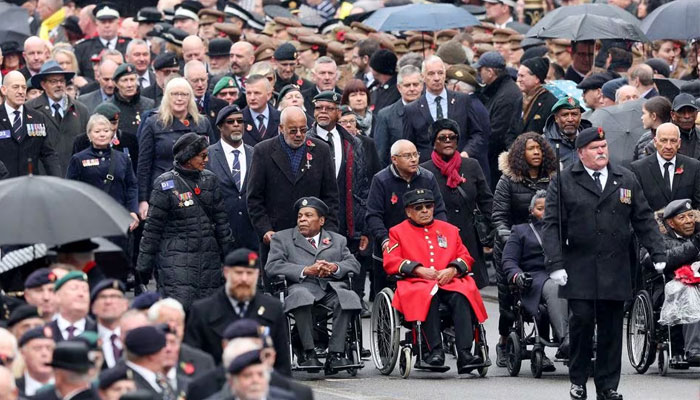 A general view of the veteran parade during the National Service of Remembrance at The Cenotaph in London, Britian November 12, 2023. Every year, members of the British Royal family join politicians, veterans and members of the public to remember those who have died in combat. — Reuters