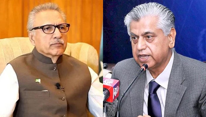 President Dr Arif Alvi (left) and caretaker Federal Minister for Information and Broadcasting, Murtaza Solangi. — APP/File