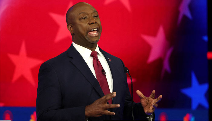 US Senator Tim Scott (R-SC) speaks at the third Republican candidates US presidential debate of the 2024 US presidential campaign at the Adrienne Arsht Center for the Performing Arts in Miami, Florida, US, November 8, 2023. — Reuters
