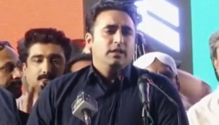 Pakistan Peoples Party Chairman Bilawal Bhutto-Zardari addresses a public rally in Mithi, Sindh on November 13, 2024. — X/@PPP_Org