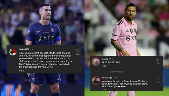 This combination of pictures shows football legends Cristiano Ronaldo (left) and Lionel Messi with screenshots of fans comments displayed on the pictures. — Reuters/Instagram/Files