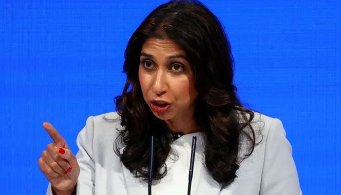 Britains Home Secretary Suella Braverman speaks on stage at Britains Conservative Party annual conference in Manchester, Britain, in October 2023. —Reuters