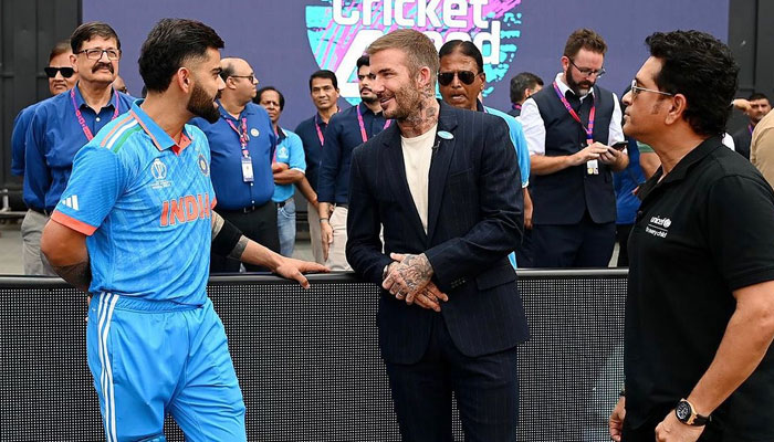 David Beckham (center) with Virat Kohli (L) and Sachin Tendulkar (R) at the World Cup semi-final.—Instagram@davidbeckham