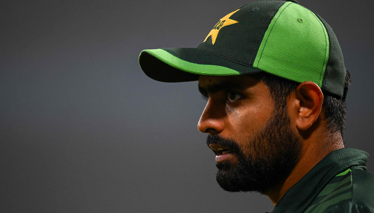 Pakistan´s captain Babar Azam reacts during the 2023 ICC Men´s Cricket World Cup one-day international (ODI) match between England and Pakistan at the Eden Gardens in Kolkata on November 11, 2023.