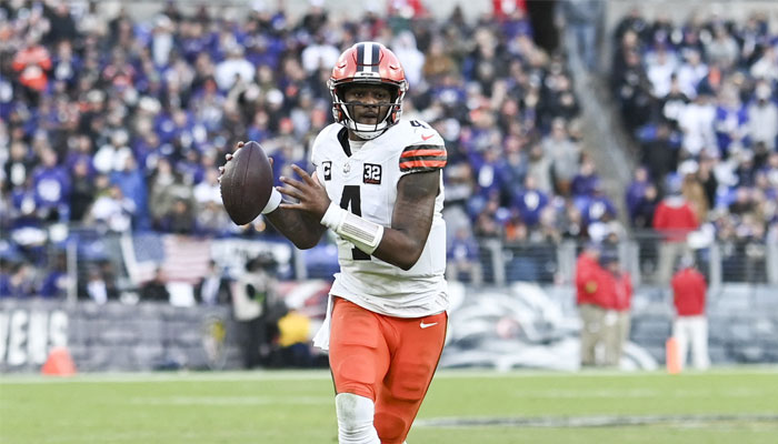 Cleveland Browns quarterback Deshaun Watson (4) throws on the run during the second half against the Baltimore Ravens at M&T Bank Stadium in Baltimore, Maryland, US on November 12, 2023. — Reuters