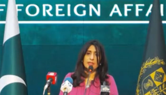 FO spokesperson Mumtaz Zahra Baloch addresses a press briefing in Islamabad on Thursday November 16, 2023, in this still taken from a video. — X/ForeignOfficePk