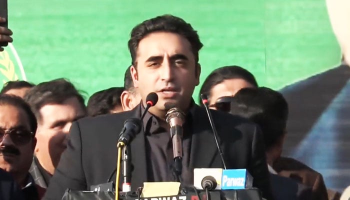 PPP Chairman Bilawal Bhutto-Zardari addressing workers convention in Abbottabad on November 11 in this still taken from a video. — X/@MediaCellPPP