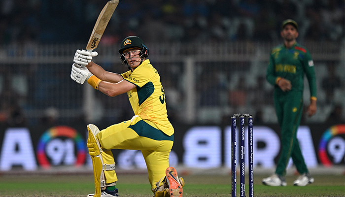 Australia´s Marnus Labuschagne plays a shot during the 2023 ICC Men´s Cricket World Cup one-day international (ODI) second semi-final match between Australia and South Africa at the Eden Gardens in Kolkata on November 16, 2023. — AFP