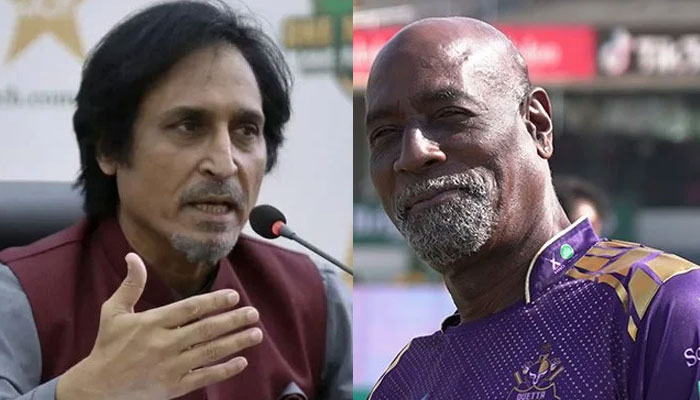 Former PCB chairman Ramiz Raja (left) and Sir Vivian Richards in the Quetta Gladiators jersey. — X/@TeamQuetta/AFP/File