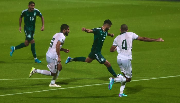 A player hits a shot during the Pakistan vs Saudi Arabia clash at the 2026 FIFA World Cup Qualifiers at Al-Fateh Stadium in the Kingdoms Al-Ahsa, on November 16, 2023. — X/@AhmadSpeakss
