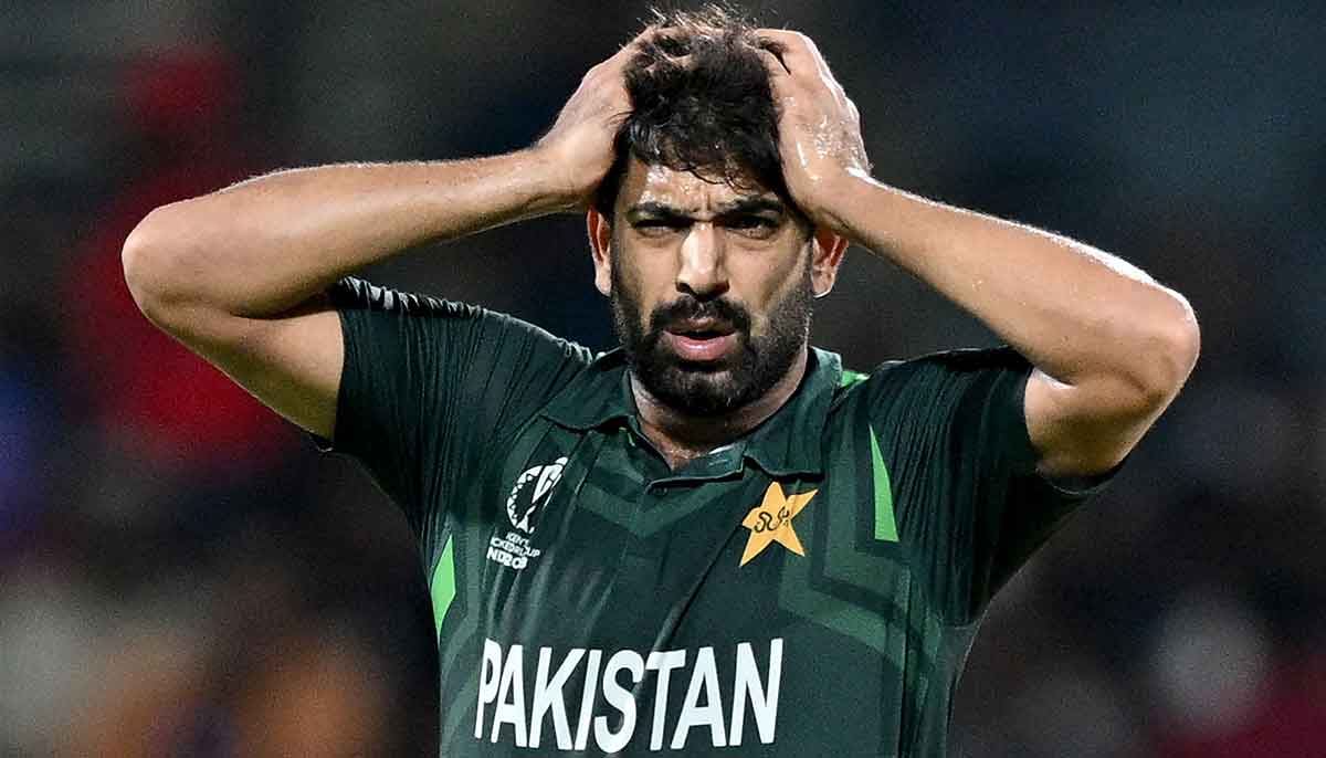 Pacer Haris Rauf reacts during the 2023 ICC Mens Cricket World Cup one-day international (ODI) match between Pakistan and South Africa at the MA Chidambaram Stadium in Chennai on October 27, 2023. —AFP