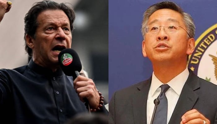 PTI Chairman Imran Khan and Assistant Secretary of State for South and Central Asia Affairs Donald Lu. — AFP/Reuters/Files