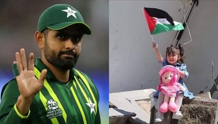 Former Pakistan team captain Babar Azam and a minor girl holding a Palestinian flag and having a doll placed on her. — AFP/X/@BabarAzam