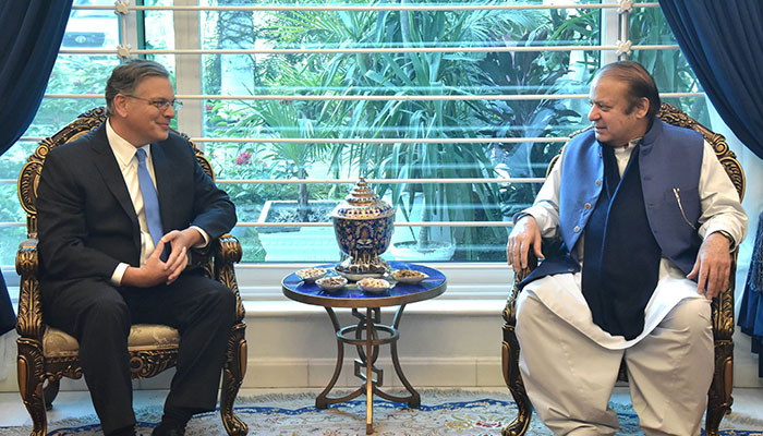 US Ambassador to Pakistan Donald Blome (left) and PML-N supremo Nawaz Sharif. — X/@pmln_org