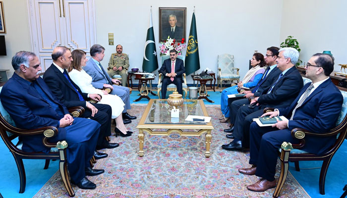 The IMF Mission Chief for Pakistan Mr. Nathan Porter and IMF Resident Representative for Pakistan Ms. Esther Perez Tuiz call on the Caretaker Prime Minister Anwaar-ul-Haq Kakar on November 15, 2023. — PID