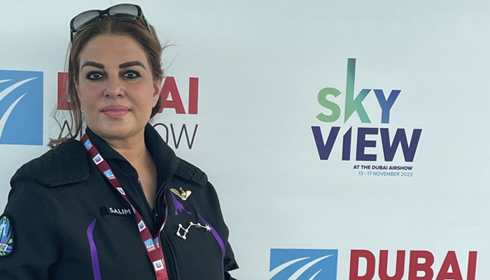 The image released on Nov 15, 2023 shows Namira Salim, the first Pakistani space traveler at Dubai Air show. —x/namirasalim